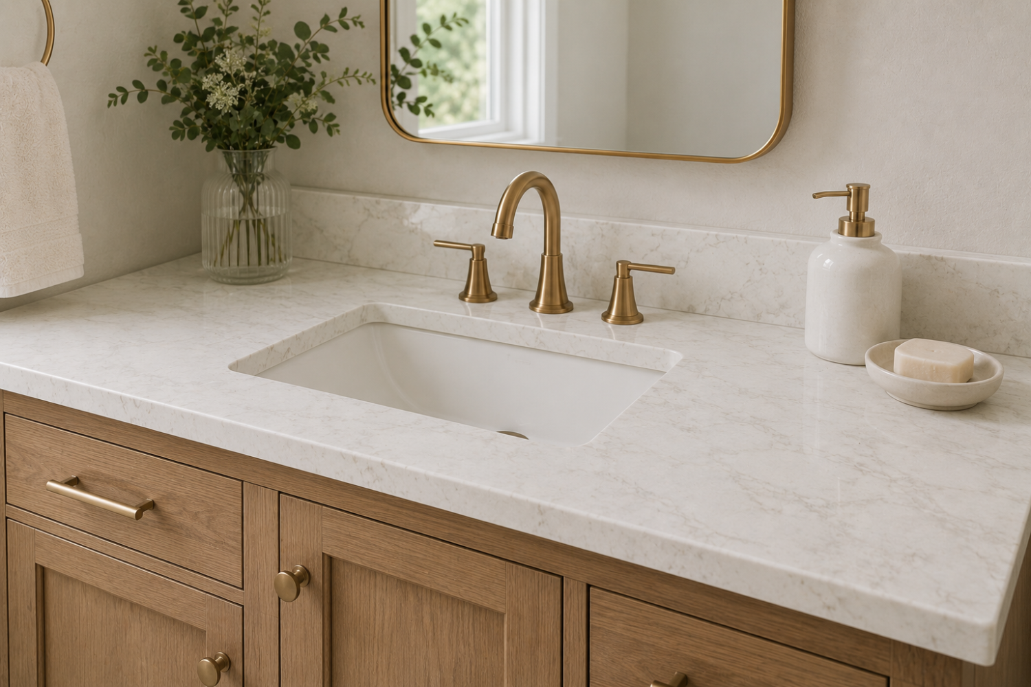 Marble-look vanity countertop with brushed-gold fixtures in Redding, CA