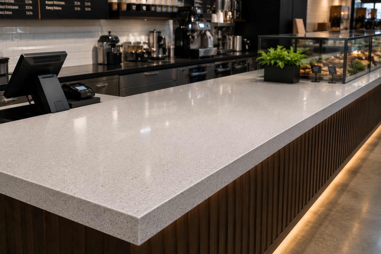 Light quartz commercial service counter installed in Redding, CA